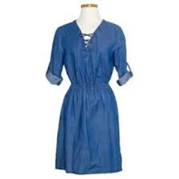 Mossimo Dresses & Skirts - Mossimo Blue Chambray Lace Up V-Neck Roll Tab‎ Sleeve Dress Medium